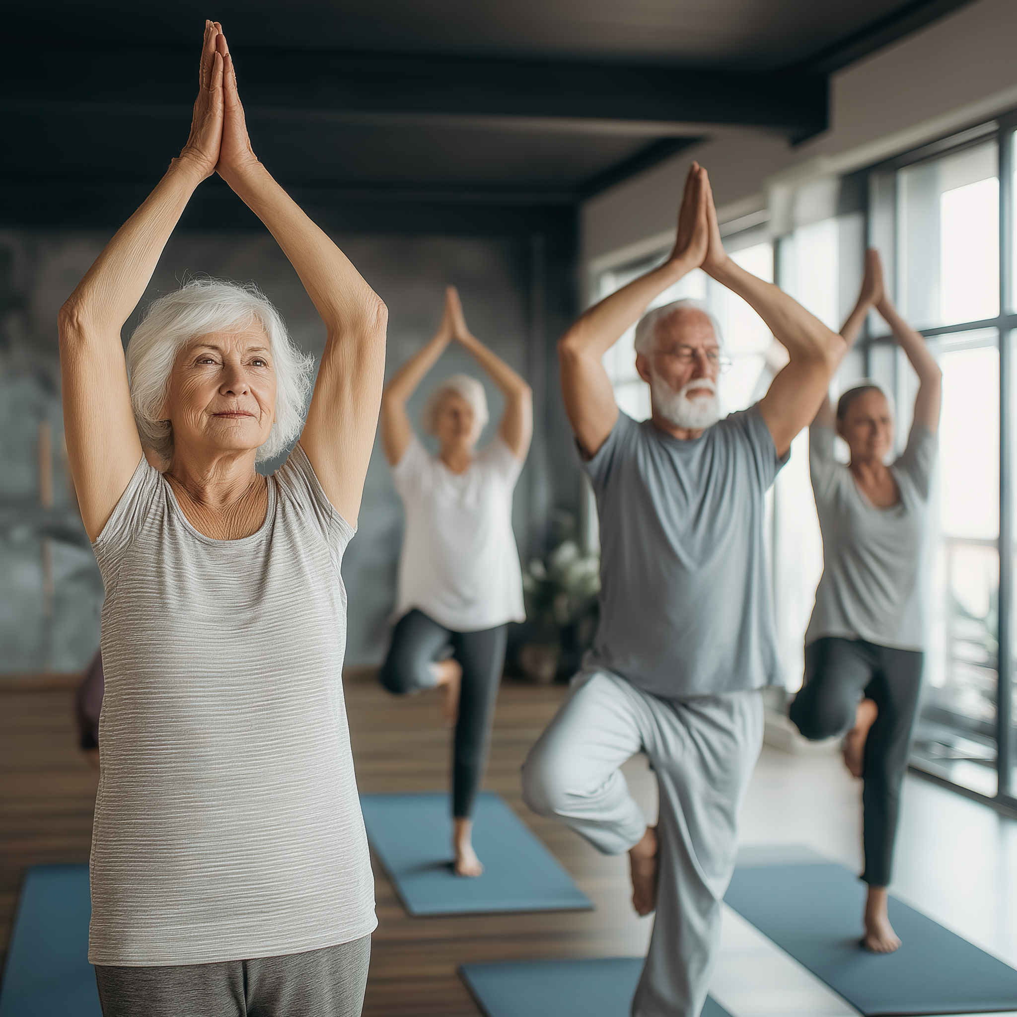 Група людей старшого віку на занятті йогою